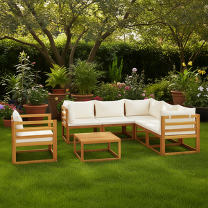 Ensemble de salon de jardin en bois d'acacia crème, 6 places, mobilier d'extérieur au design contemporain, résistant aux intempéries - Product Image 2