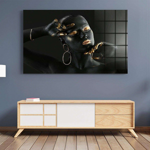 Oro nero africano donna arte della parete decorazione per la casa stampa personalizzata in <span class=keywords><strong>vetro</strong></span> <span class=keywords><strong>temperato</strong></span> dipinti d'arte - Product Image 2