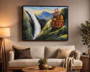 Peinture à l'aquarelle moderne de paysage naturel, peinte à la main, sur toile, avec château de montagne, drapeaux rouges et cascade, pour décoration intérieure - Product Image 1