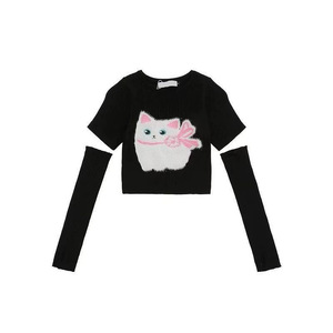 เสื้อสเวตเตอร์ถักแขนสั้นลายลูกแมวสำหรับเด็กผู้หญิง สีชมพูและสีดำ ดีไซน์ต่อผ้าแบบนุ่ม ทรงเข้ารูปสำหรับเด็ก - Product Image 3