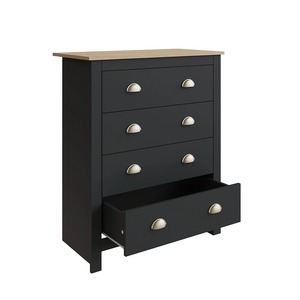 Fournisseur de la Chine, ensemble de chambre à coucher 4 pièces style <span class=keywords><strong>cottage</strong></span> campagnard noir, meubles avec grand espace de rangement, dessus à effet chêne contrasté