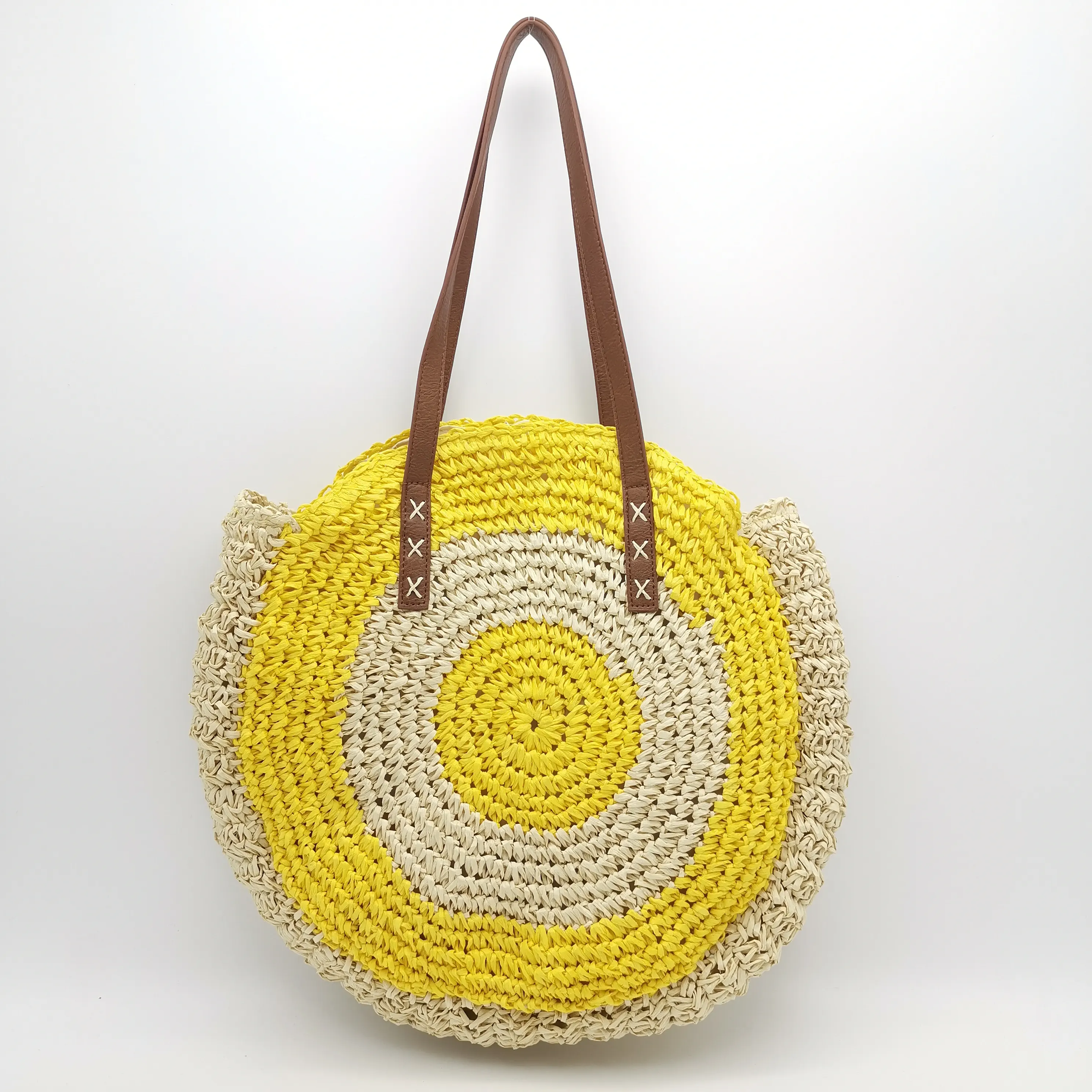 Straw Bag Yellow Women Handwoven Round Straw Bags Large Summer Beach Tote Shoulder Crochet Bag