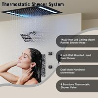 Système de douche thermostatique noir avec pommeau de douche rectangulaire 14x20 pouces, tête LED à montage au plafond 6 pouces, pommeau mural et douchette à main 4