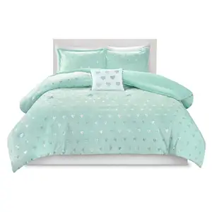 Aqua/Silver Comforter Set for Girls Ultra-Soft Microfiber Plush Metallic Printed Hearts