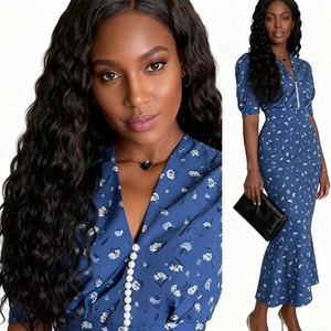 ชุดเดรสพิมพ์ลายดอกไม้เอวสูงคอวีแขนสั้นพิมพ์ลายดิจิตอลสำหรับผู้หญิงแฟชั่น - Product Image 3