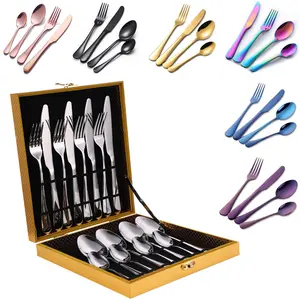Luxury Gift Package 16 Pieces Stainless Steel Cutlery Sets 16 PCs Gold Flatware Sets Service For 4 Person