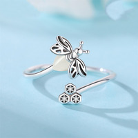 Usine en gros 925 en argent Sterling réglable lueur dans le noir abeille nid d'abeille lumineux luciole anneau ouvert pour les femmes