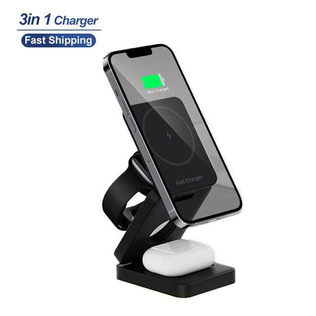 Hot Selling 3 in 1 wireless magnetic charger 15W Max Foldable Wireless Charger with Soft Light Stand for Wireless Device