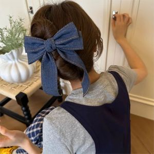 Korean retro denim blue <b>bow</b> hair <b>clip</b> with gold label banana <b>clip</b> shark <b>clip</b>, fashionable hair tie hair accessory for women. - Product Image 3