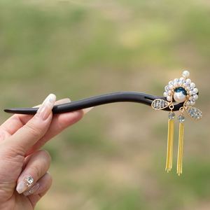 Horquilla de madera de ébano con perlas, palillos para el cabello, horquilla china Dama Dan para maquillaje facial, horquilla vintage, palillo para el cabello con movimiento, horquilla tipo palillo. - Product Image 2