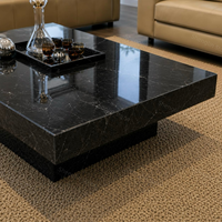 Table basse moderne en marbre Nero Marquina, profil bas, bloc massif, table centrale en marbre noir pour villa, salon, hôtel