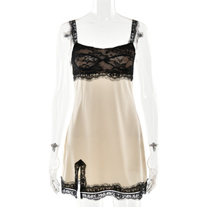 ชุดเดรสผ้าซาตินลูกไม้สไตล์ยุโรปอเมริกันสำหรับฤดูร้อน สายเดี่ยว คอวี ผ่าข้าง เอวธรรมชาติ แฟชั่นลำลองสำหรับผู้หญิง ใส่สบายๆ อยู่บ้าน - Product Image 5