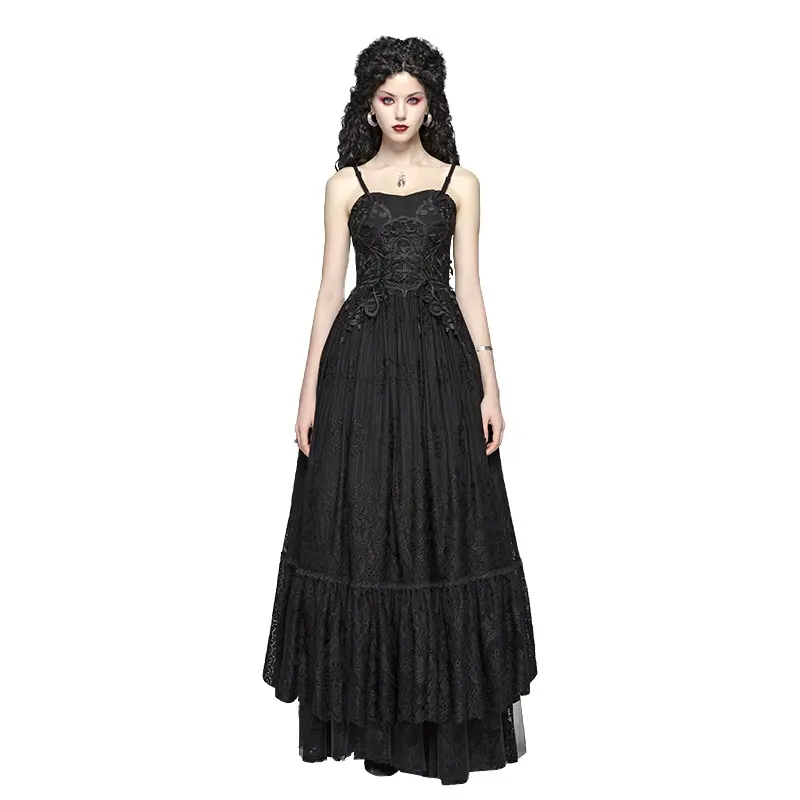 PUNKRAVE WQ-421 Women Evening Dress Vintage Gothic Tube top Long Lace Sexy Party Dress Black Strap Dresses