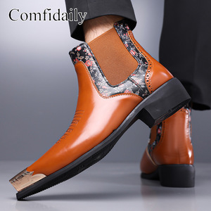 Comfdaily Men Chelsea <b>Boots</b> Ankle Pointed Toe <b>Floral</b> Pattern Genuine Leather Rubber Outsole Fashion Trend - Product Image 4