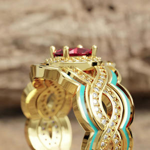 Anello da Cocktail T0870 in Oro 18K per Donna, Anello con Cristalli per Feste, Incastonatura a Castone con Pietra Rossa Ovale e Accenti di Diamanti - Product Image 6