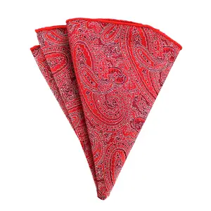 Handkerchief Wholesale Best Gift Classic Red Paisley Fashion Style Jacquard Custom Serged Seam Round Polyester Pocket Squares