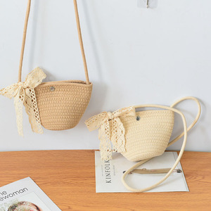Straw Bucket Bag Cylindrical Crossbody Shoulder Bag With Lace Bow Beach Casual Women's <b>Small</b> Portable Spring 2023 - Product Image 1