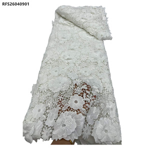 Tissu en dentelle <span class=keywords><strong>soluble</strong></span> dans l'eau brodé de fleurs, couleur unie, style nigérian, tissu en dentelle guipure africaine blanche - Product Image 3