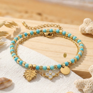 Set di Gioielli Go2boho, Bracciale con Perline di Turchese, Ciondolo a Forma di Quadrifoglio Placcato Oro, Catena per Donna - Product Image 4