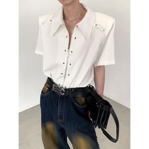 Niche Metal Deconstructed Design Shoulder <b>Pad</b> Men's High-End Feel Loose Fit Zipper Short Sleeve Long Summer <b>Shirt</b> Cross-Border - Product Image 4