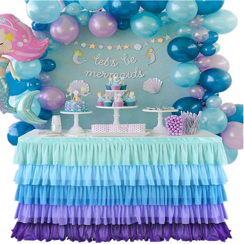 14 ft Tutu Table Skirt for Rectangle Round Tables Chiffon Table Decorations for Mermaid Birthday
