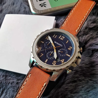 Montre chronographe à quartz pour homme, cadran bleu, chiffres arabes, lunette moletée, bracelet en cuir marron, date, montre sport pour homme