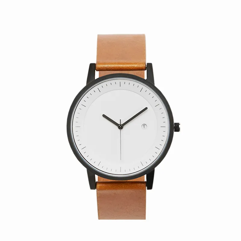 Hot Sale Unique Design Stainless steel Tan Color Genuine Leather strap Watch