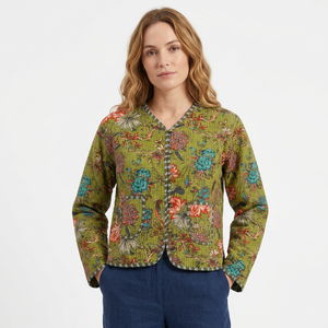Veste courte matelassée respirante à col en V et motif floral pour femme, manches longues, poches plaquées, rembourrage en coton, style automne - Product Image 1
