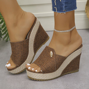 Sandales <span class=keywords><strong>compensées</strong></span> en toile noire pour femmes, <span class=keywords><strong>bout</strong></span> <span class=keywords><strong>ouvert</strong></span>, <span class=keywords><strong>espadrilles</strong></span>, plateforme, décontractées, quotidiennes, tongs d'été - Product Image 1