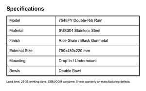 Évier de cuisine double bac Rain Grain 750x480mm Noir Gunmetal avec robinet de pluie, filtre à déchets et robinet inclus en SUS304 - Product Image 3