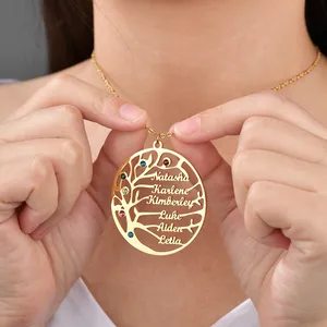 Fashion Gold Life Tree Family Names Necklace Personalized Stainless Steel Nameplate with Birthstone For Women Father Gift
