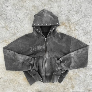 Sweat à capuche zippé oversize pour homme de haute qualité, 100% coton, avec détails rivets, effet délavé, logo imprimé, couleur unie, style vintage - Product Image 1
