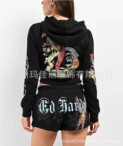 Ensemble 2 pièces imprimé floral Phoenix pour femmes, sweat à capuche court zippé et short à cordon de serrage, ensemble décontracté à manches longues Y2K, assorti pour l'été - Product Image 4