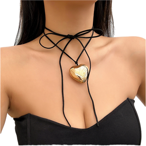 Moda serin siyah süet Lace Up bayan şişirilmiş kalp kolye uzun Wrap gerdanlık gümüş altın kalp kolye kolye takı - Product Image 1