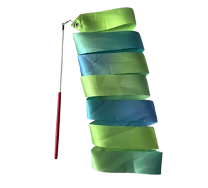 Ruban de danse en satin dégradé vert-bleu avec poignée rouge pour la scène, vente en gros - Product Image 1
