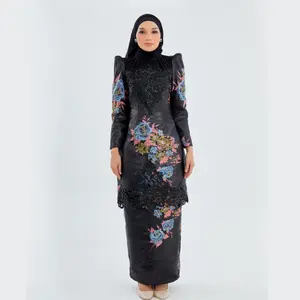 Personalizado 2024 moda negro floral bordado encaje Malasia moderno Baju Kurung