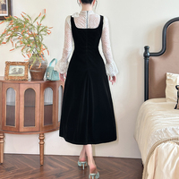 Robe midi élégante en velours noir tissé ZYHT 21925 avec chemisier en mousseline à pois imprimés numériquement, col rond et nœud papillon
