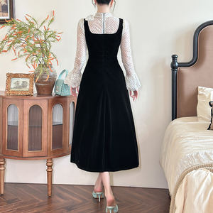 فستان ZYHT 21925 أنيق من المخمل الأسود بطول متوسط مع بلوزة شيفون منقطة، فساتين نسائية بربطة عنق وياقة عالية - Product Image 2