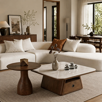 Table basse moderne en bois avec plateau en verre et tiroirs de rangement pour salon et petits espaces