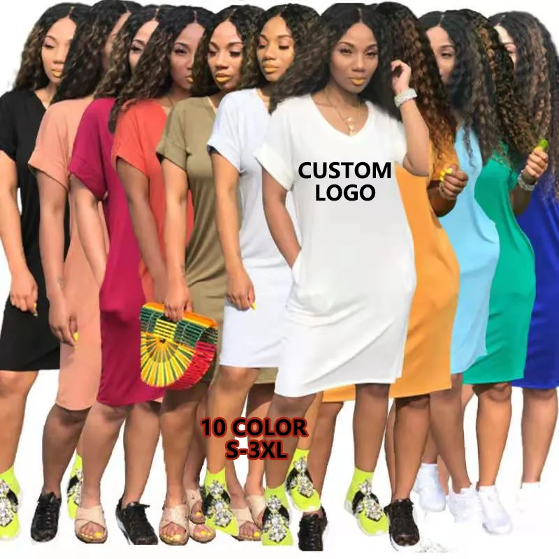 Womens Clothes Summer Dress 2022 Short Sleeve T-shirt Dress Custom Logo V-neck Blank Solid T Shirt Casual Dress
