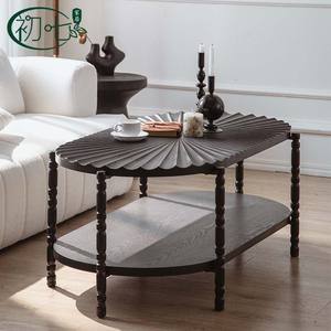 Initial Seven Oval Double Layer Coffee Table Wood Baking Paint Vintage Style For Living Room - Product Image 1