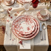 Maßgefertigtes Vintage Rotes Blumenmuster Keramik-Tellerset 6,5/8/10,5/12 Zoll Toile De Jouy Porzellan-Geschirr Hochzeit Hotel Tischdekoration