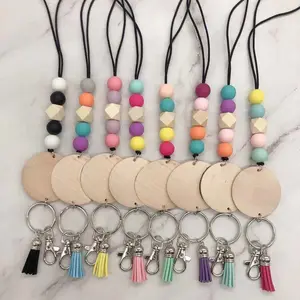 2024 Handgemaakte Monogram Houten Schijf Houten Siliconen Kralen Geknoopte Neon Kleuren Kwast Lanyards Ketting