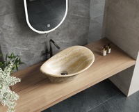 Lavabo de salle de bain de style Wabi Sabi Lavabo en travertin jaune Comptoir en pierre artificielle artistique Lavabo à main Forme irrégulière