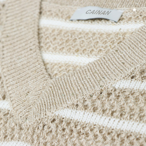 เสื้อสเวตเตอร์ถักคอวีแขนกุดสำหรับผู้หญิงแบบขายส่งสั่งทำได้, เสื้อกั๊กถักลายทางผ้าฝ้ายแบบโปร่งสำหรับสุภาพสตรี - Product Image 4