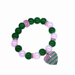 High Cost Performance Organization Green Pink Beaded Charms Bangle Enamel Rhinestone Heart Pendant Women Sorority Bracelet