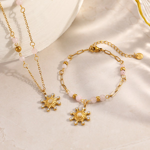 Stainless Steel Beaded Necklace With Natural Stone And Diamond Pendant Circle Sun <b>Design</b> Trip Fashion Jewelry - Product Image 2