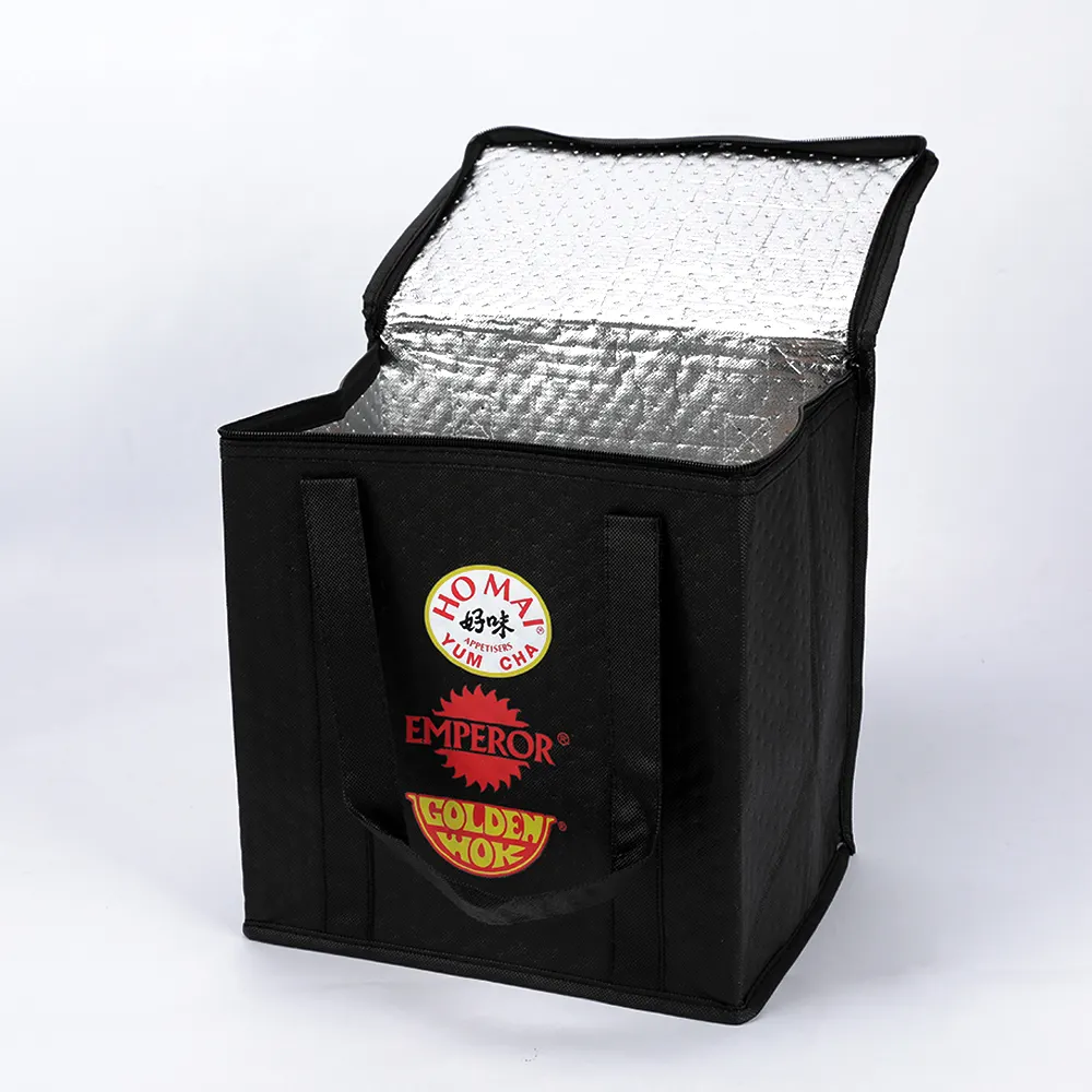 Venda quente tamanho grande tecido macio personalizado Tote folha de alumínio Black Cooler Bag com zíper