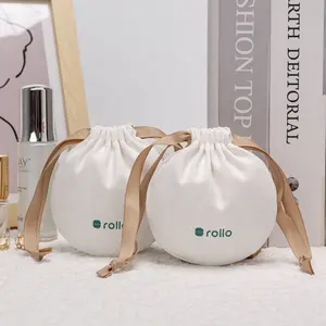 Bolsas de algodón en espiga con estampado de logotipo personalizado, bolsas de joyería personalizadas de fondo redondo, bolsas cosméticas en espiga Ba