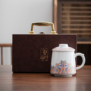 Dehua <b>Ceramic</b> Mug Set With Lid And Filter Oriental Design Gift For Business - Product Image 2